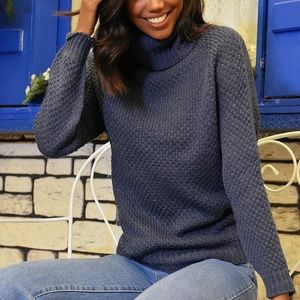 Indigo Wool Blend Turtleneck Long Sleeve Top